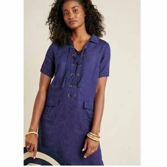 Anthropologie Navy Finley Floral Jacquard Lace-Up Linen Blend Shirt Dress 12 - Picture 1 of 9